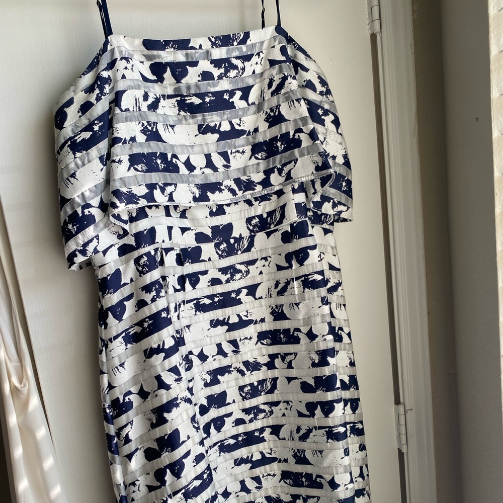 ANTONIO MELANI Navy and White Striped Cold-Shoulder Dress